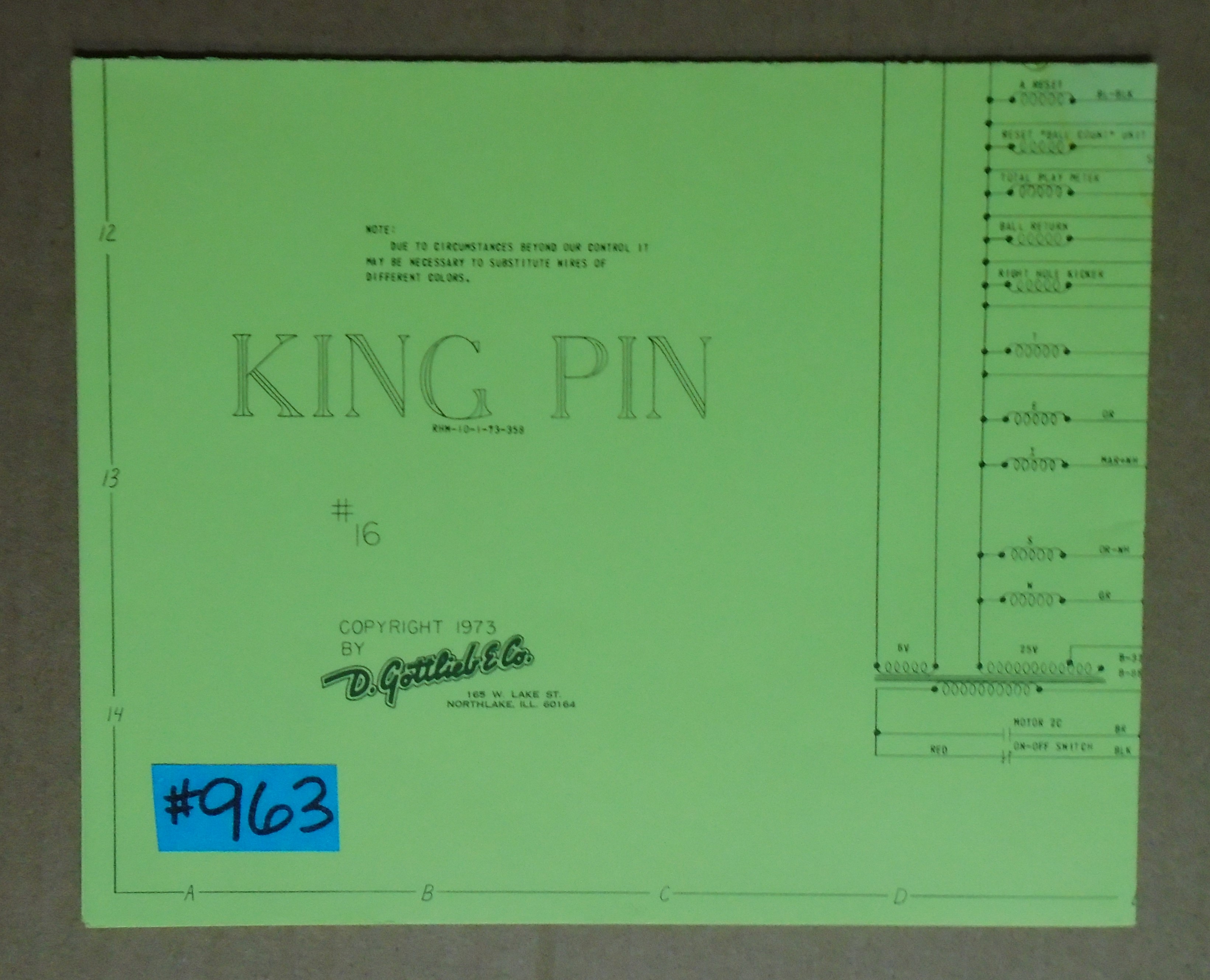 KING PIN Pinball Machine Game SCHEMATIC 963 for sale by GOTTLIEB
